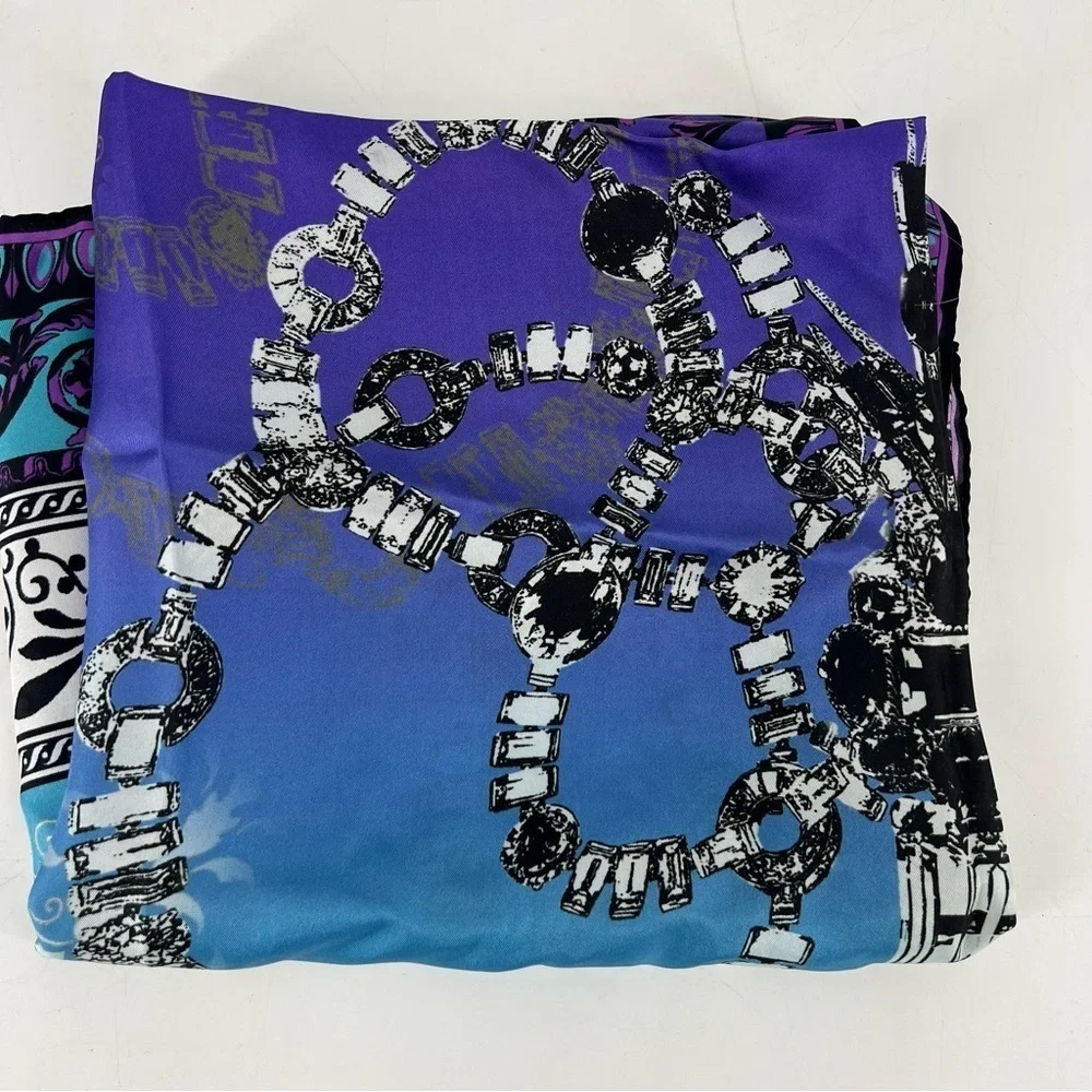 Les Copains Silk Square Scarf Purple Blue Jeweled Graphic